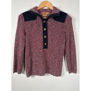 Tory Burch Sweater Popover Pullover Size XS Maroon Blue Tweed Mock Neck